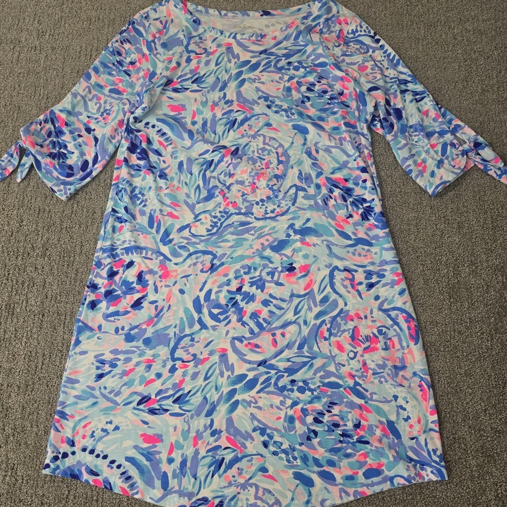 Lilly Pulitzer Preston Dress in Breakwater T Party Waze with Tie Sleeves Size L